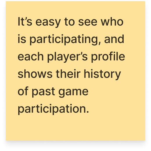 It's easy to see who is participating, and each player's profile shows their history of past game participation.