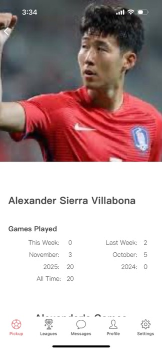Screen from GoodRec showing a player's profile with games played by week, month and year