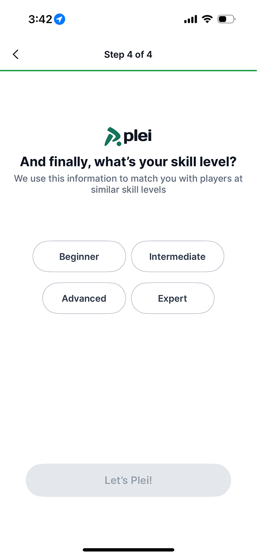 Screen from Plei asking new users to select their skill level as the last onboarding step