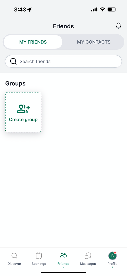 Screen from Plei's Friends tab with a create-group action under a Groups heading