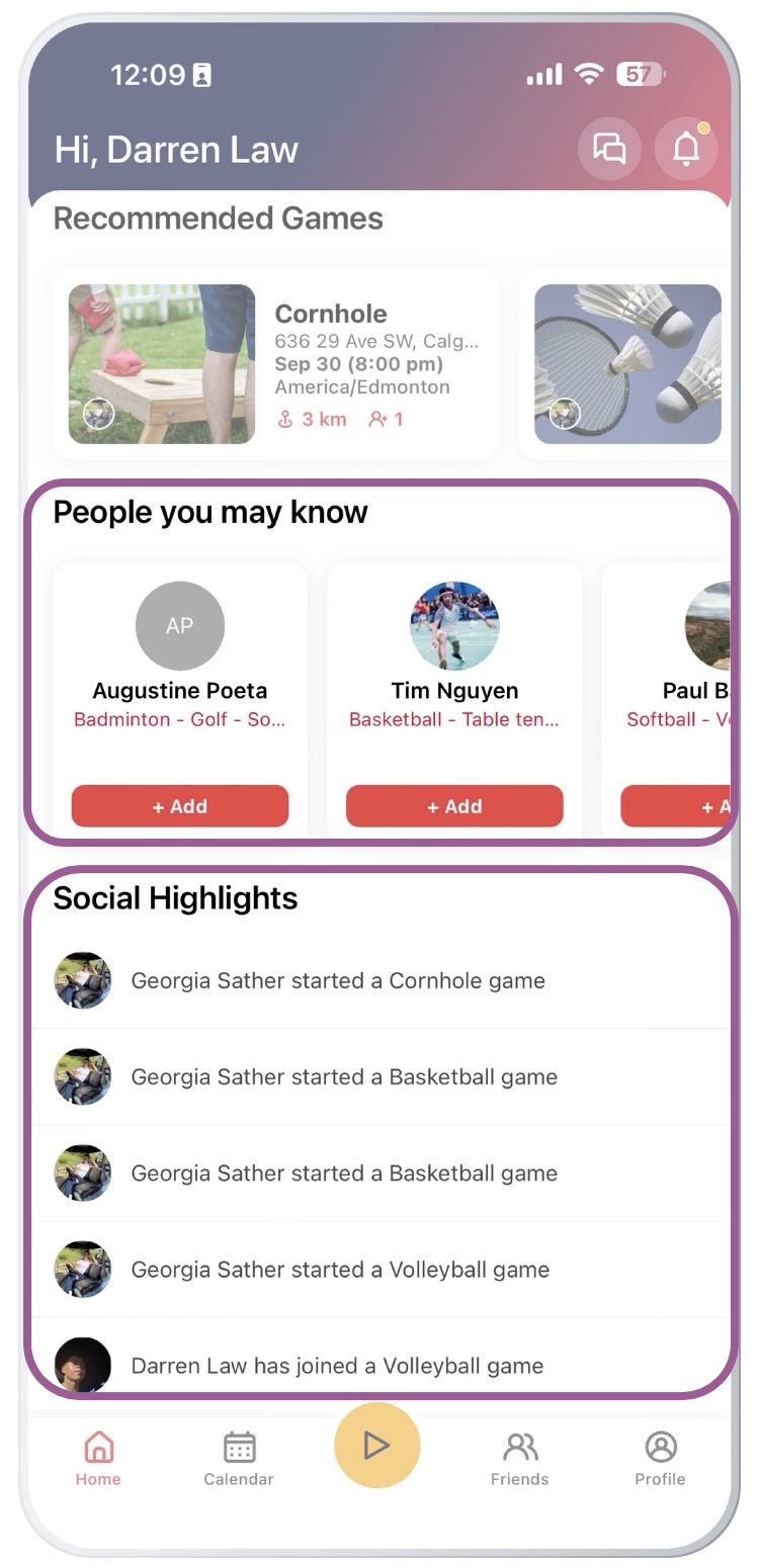 Shipped Cudagra home screen with the People you may know and Social Highlights sections highlighted