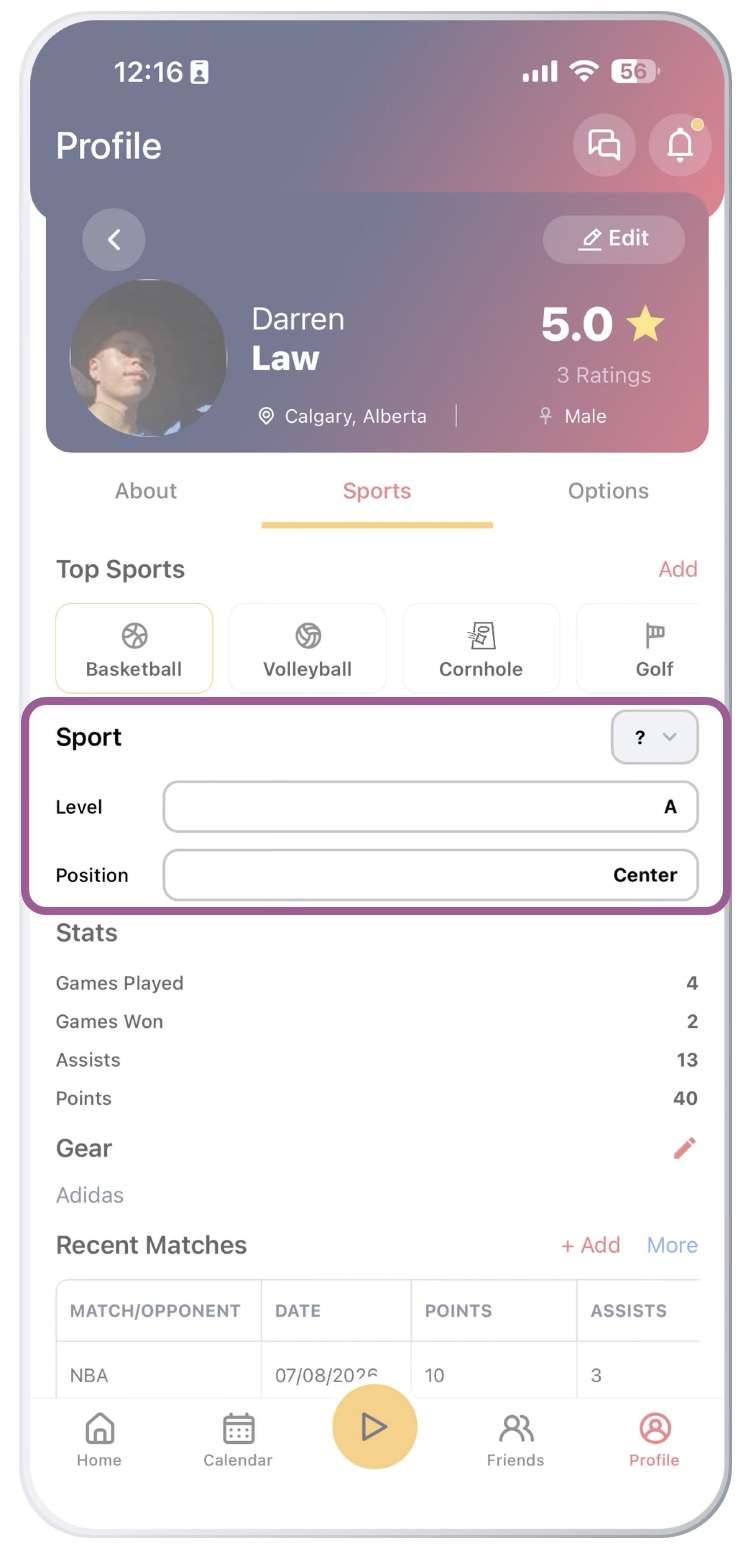 Shipped Cudagra profile screen with the sport, level and position fields highlighted