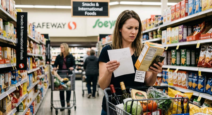 Host checking allergen labels at the grocery store while shopping for guests
