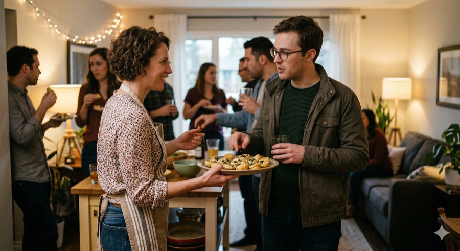 Host offering a plate of appetizers to a guest at the party