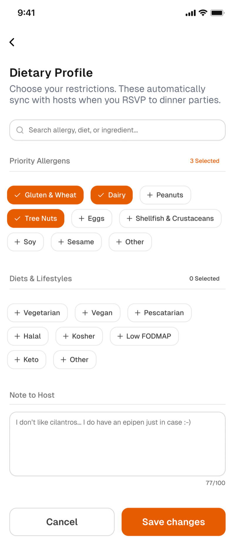 Dietary profile screen where Liam selects allergens and diets once, ahead of any invitation