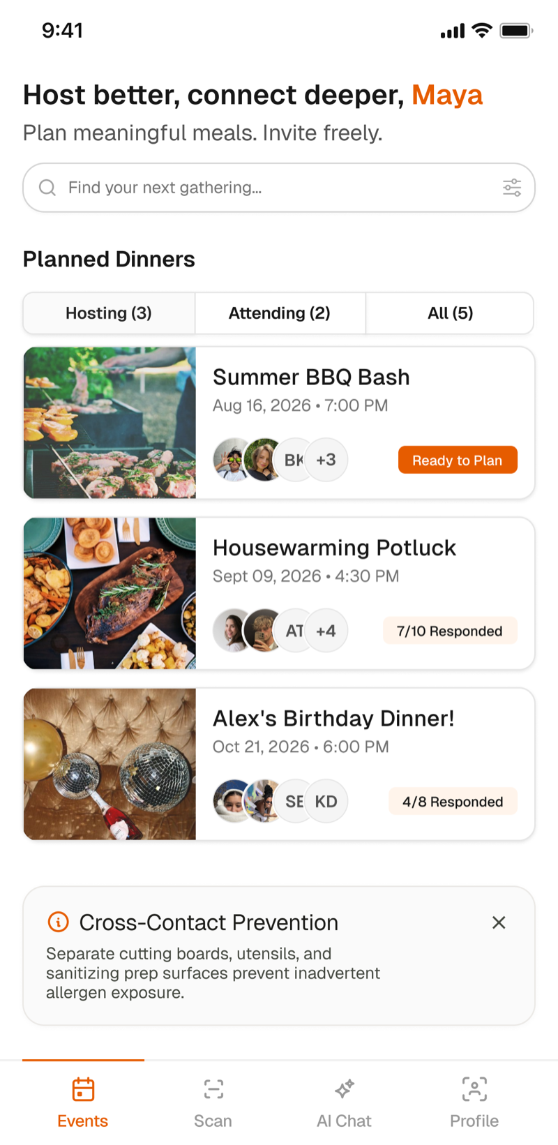 Events home screen listing Maya's planned dinners with guest RSVP counts