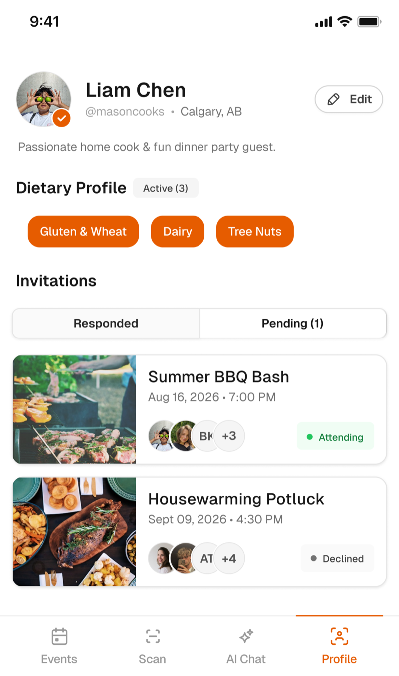 Liam's profile screen showing his active dietary tags and invitation responses