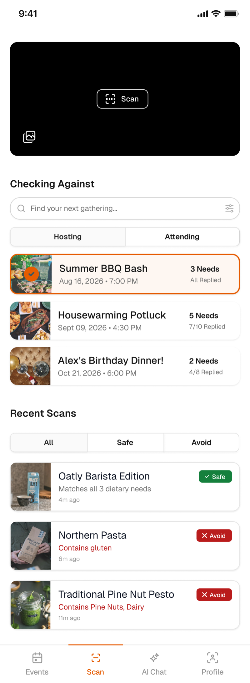 Scan screen checking a grocery item against the event's guest list, with a Safe or Avoid result and reason
